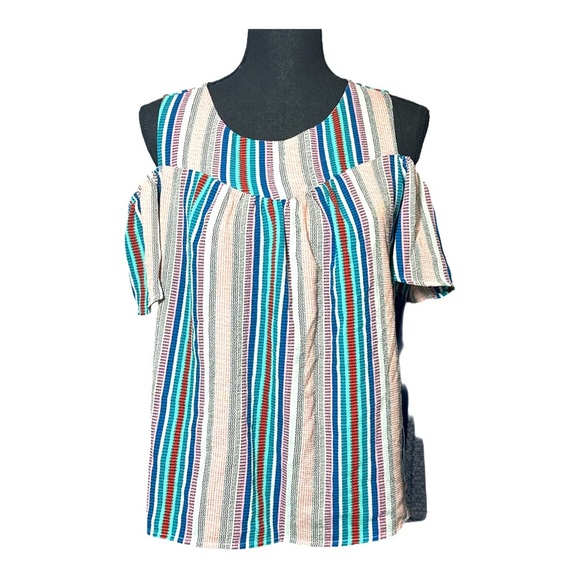 Monteau Open Shoulder Cream Multicolor Striped Baby Doll Top Size Large - Picture 1 of 6